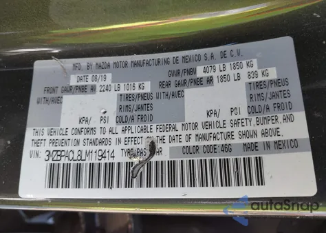 2020 Mazda Mazda3 Select Package из США, поврежденный, VIN 3MZBPACL8LM119414